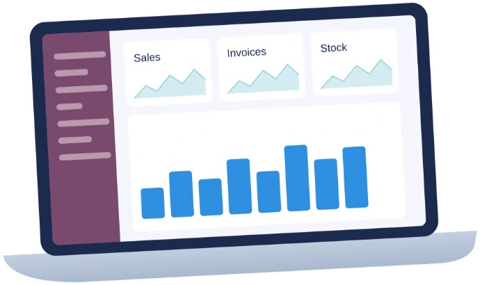 Odoo dashboard showing sales, invoices, and stock